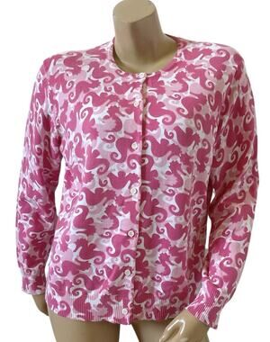 Impulse Casual Cardigan Sweater Womens Petite L 14-16 Pink Seahorse Print Button